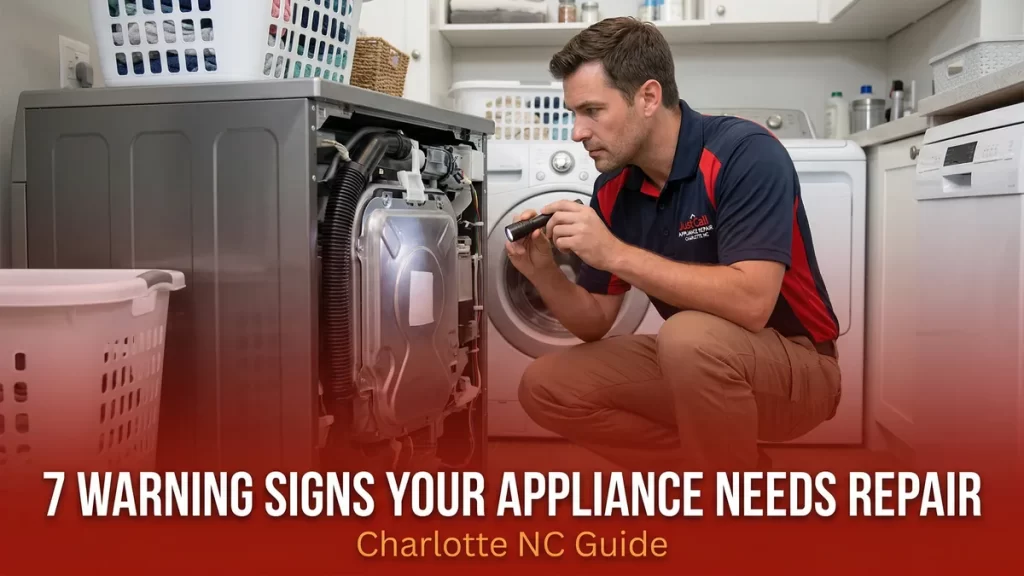 7 warning signs your appliance needs repair -- Charlotte NC appliance technician inspecting washer