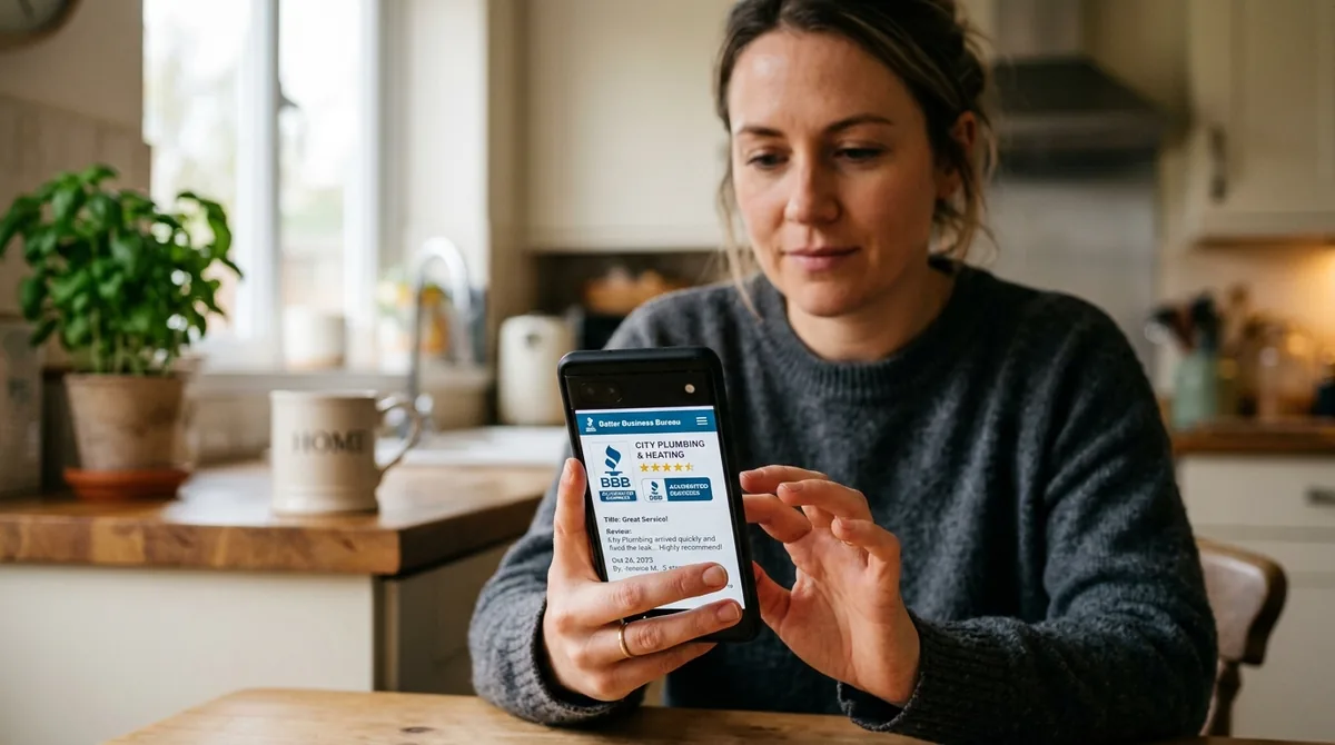 Charlotte homeowner checking BBB reviews for appliance repair company