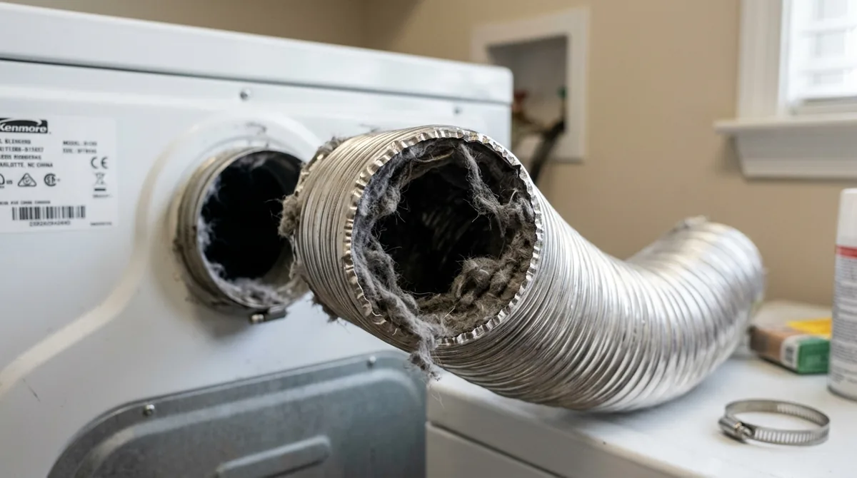 Dryer vent hose with lint buildup -- common appliance problem Charlotte NC homes