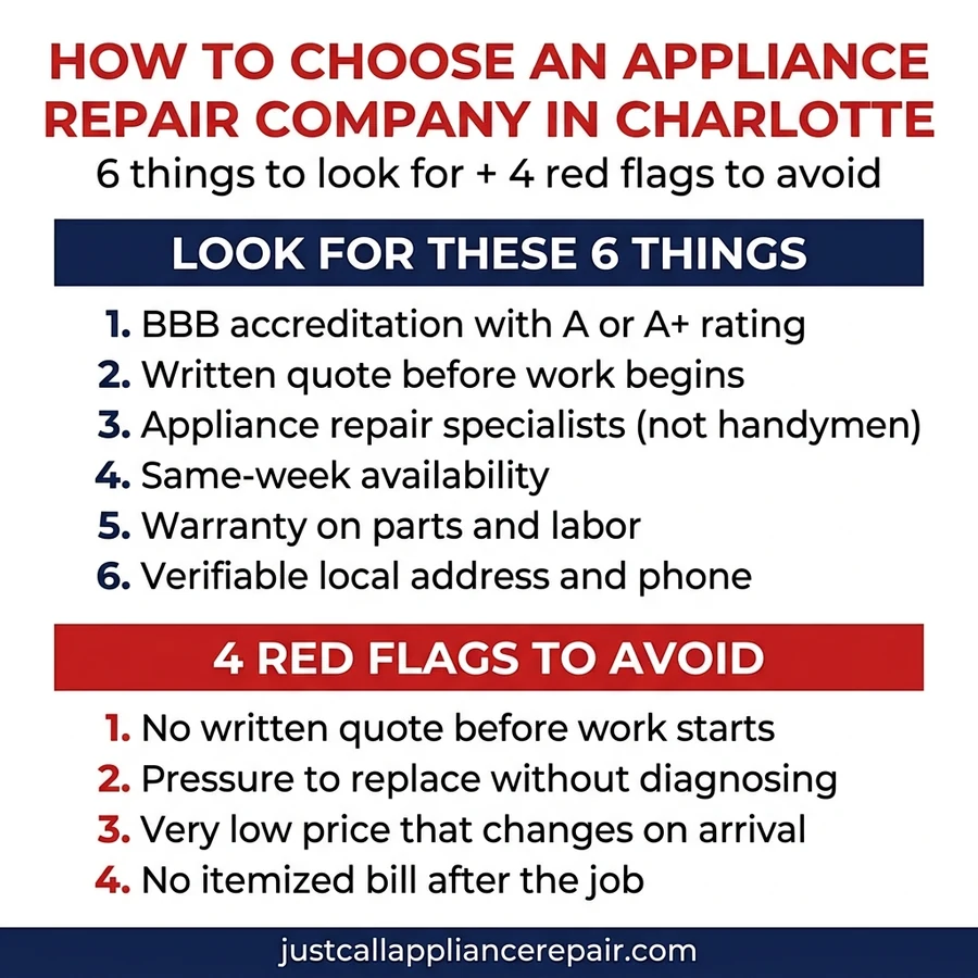 How to choose an appliance repair company checklist infographic Charlotte NC