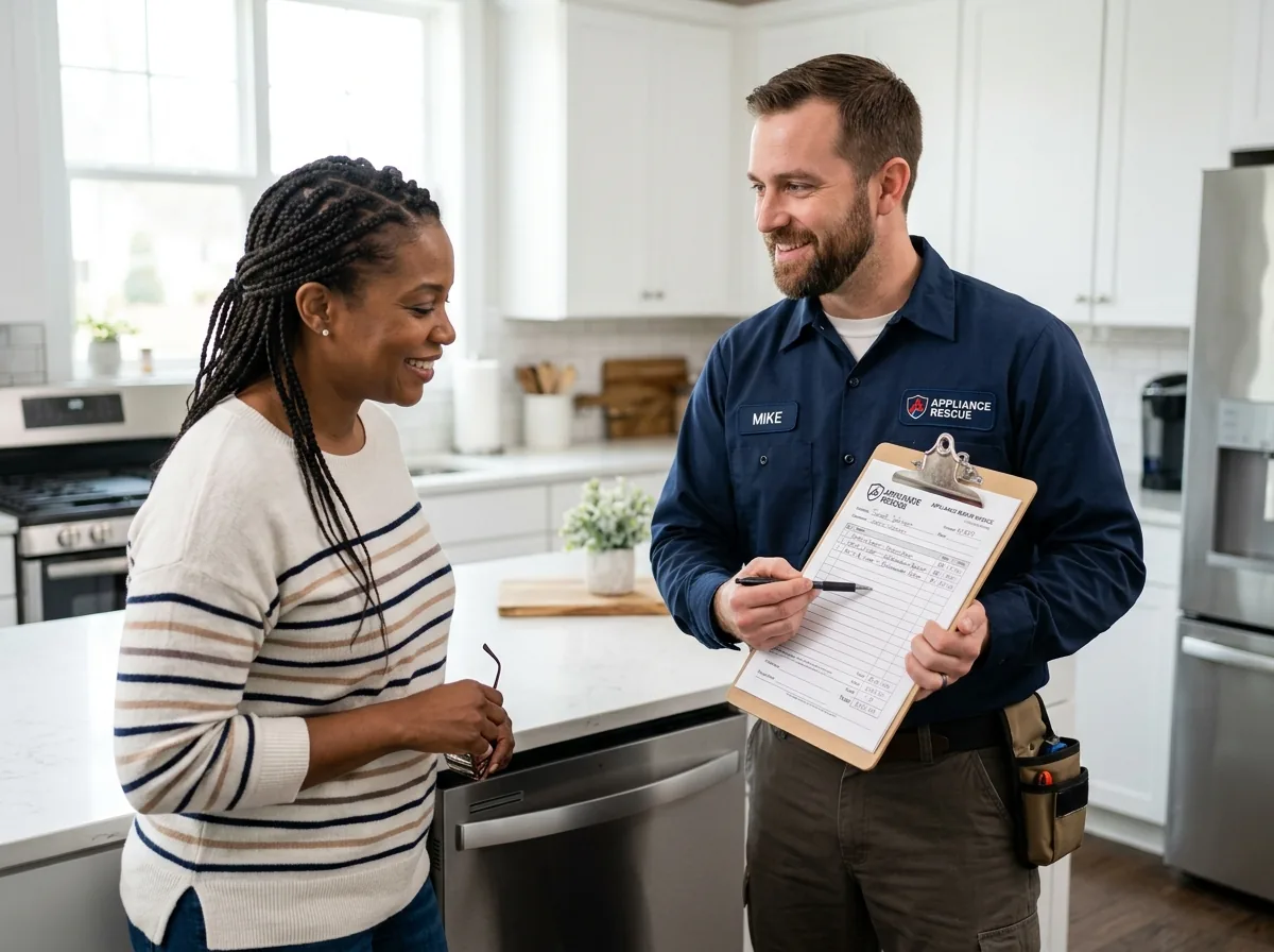 Just Call Appliance Repair technician explaining written repair quote to Charlotte homeowner