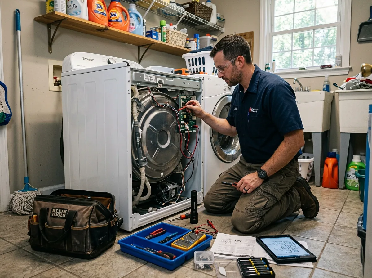 Just Call Appliance Repair technician diagnosing internal washing machine problem Charlotte NC