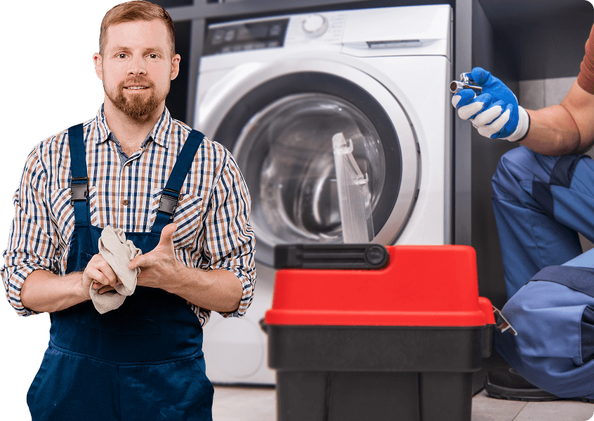 technicians repairing washing machine